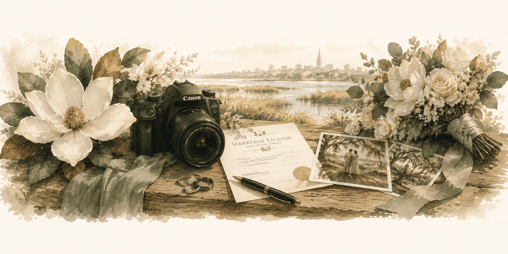 Watercolor illustration of keepsake photography following a marriage ceremony in Charleston SC