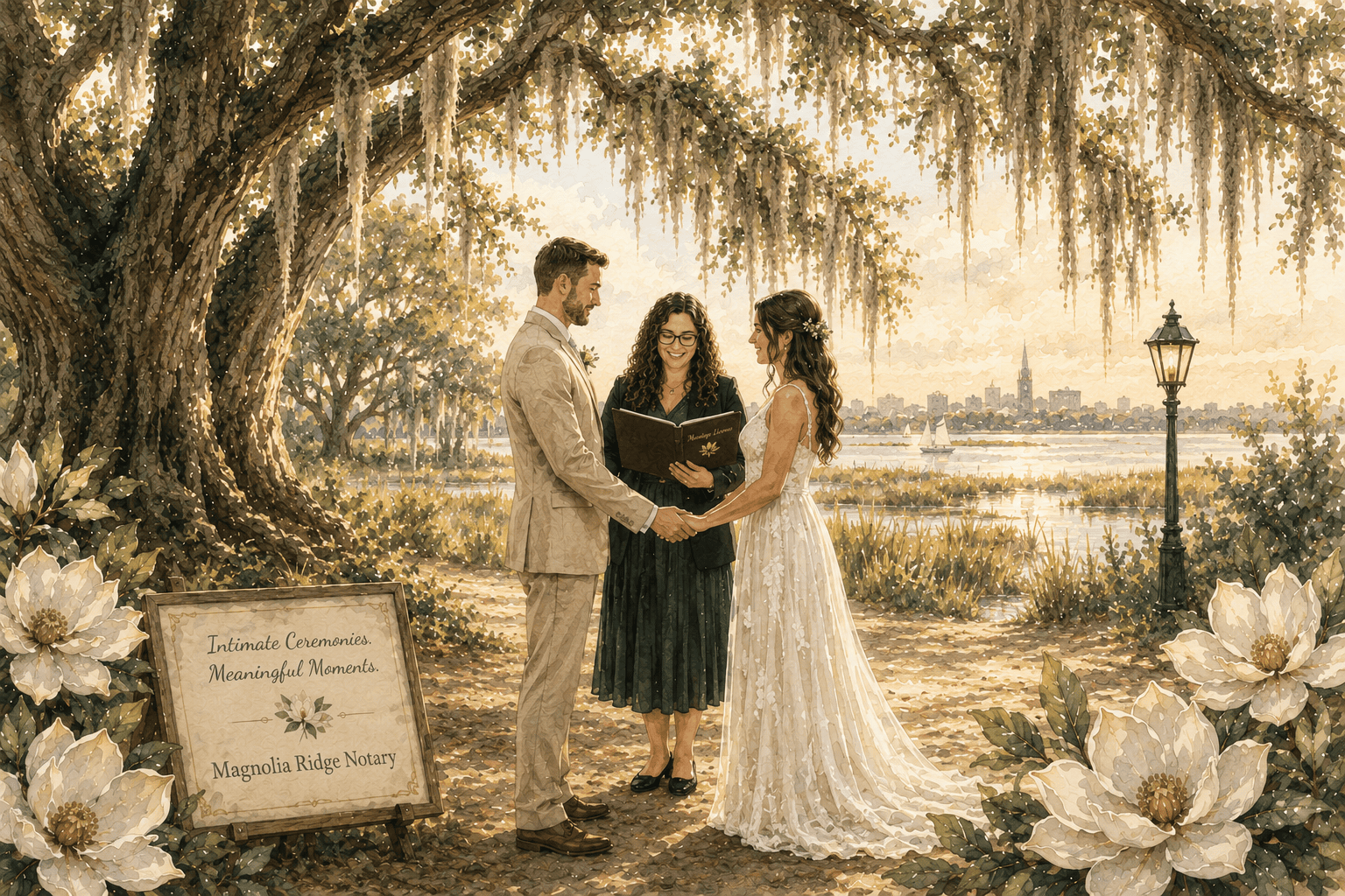 Watercolor illustration of an intimate marriage ceremony beneath a live oak in Charleston SC